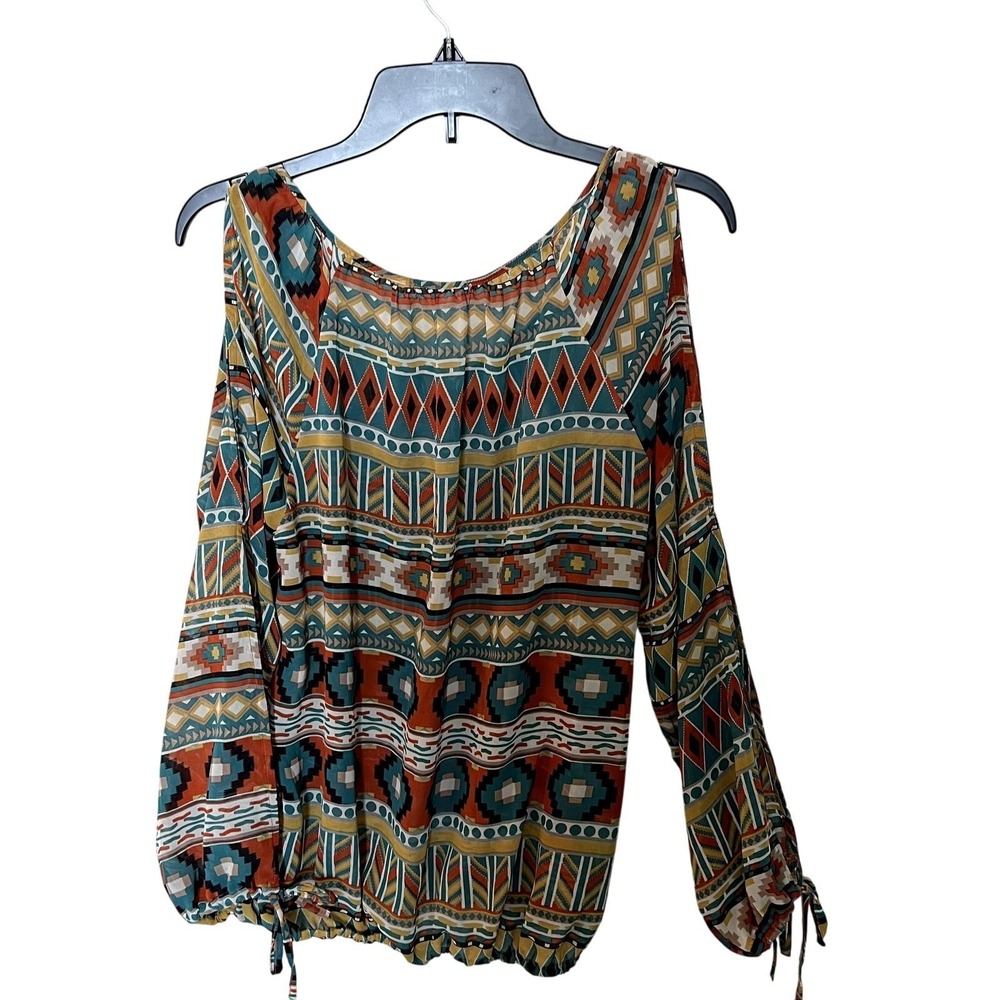 Blu Pepper Large Cold Shoulder Top Aztec Geometric Tribal Print Boho Blouse